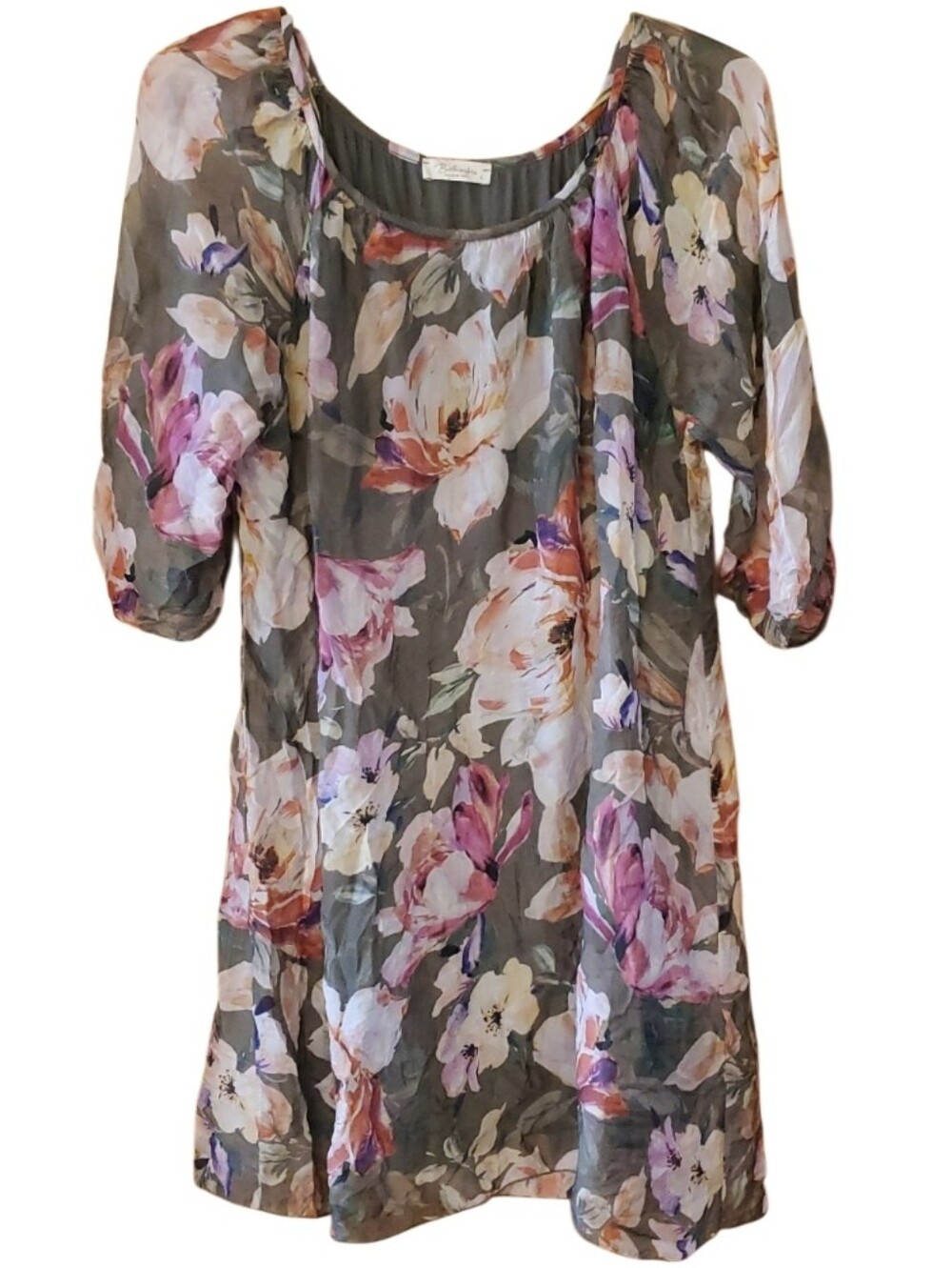 Bellambra Floral Silk Blend Italian Shift Dress - Olive Green with Pink Bloom